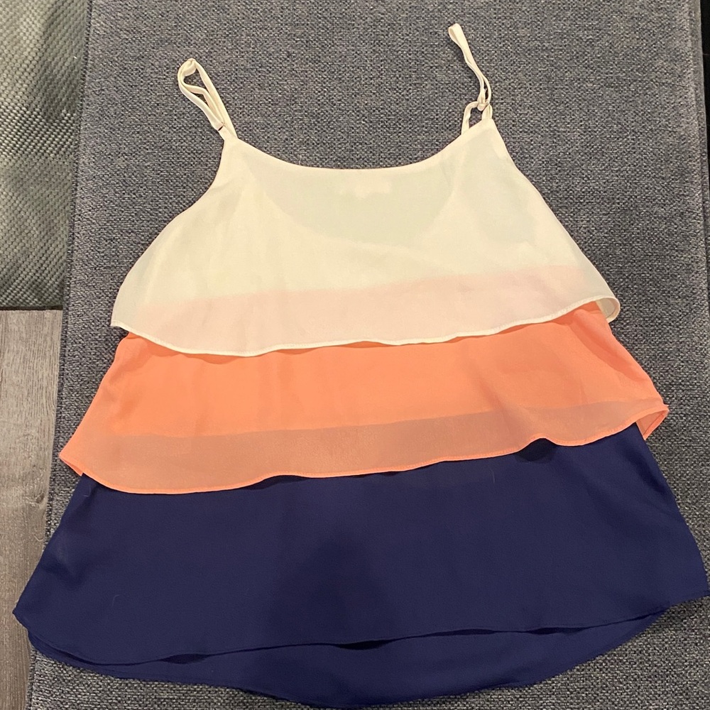 Alythea Size Small 
Cream, Peach, and Navy Layered Shirt with adjustable straps